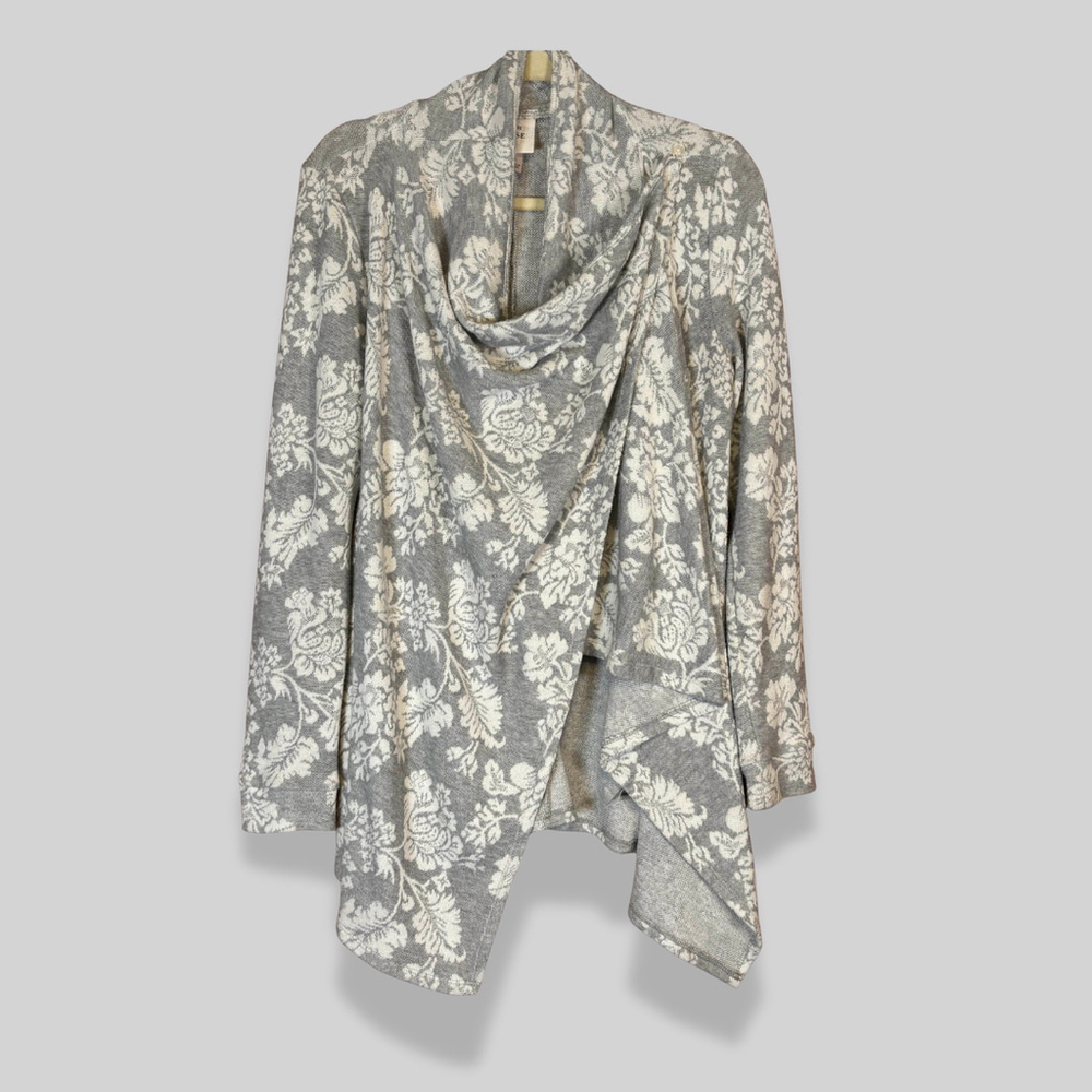 Knox Rose Cardigan Open Front Draped Waterfall Front Floral Gray White Women's S
